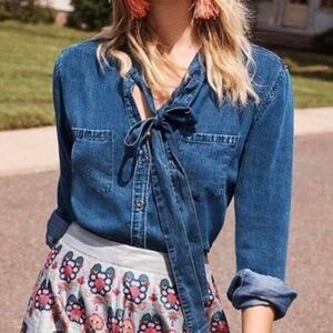 RAILS Sz Small Rosalee Dark Vintage Wash Denim Chambray Long Sleeve Bow Tie Top